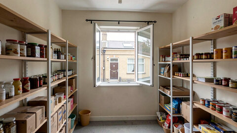 A small shop interior with an open window and neatly arranged shelves in daylight