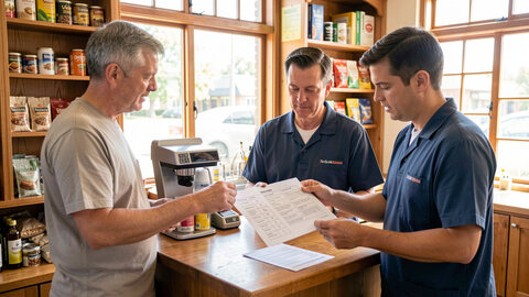 A shop manager and two staff standing at a back counter reading a single printed checklist together in the morning light.