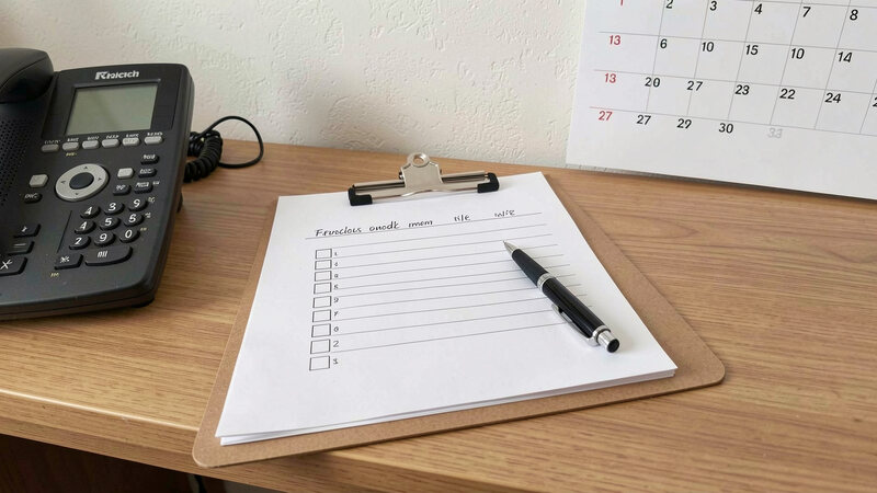 A clipboard with a short checklist and a pen resting on a desk beside a telephone and a wall calendar.