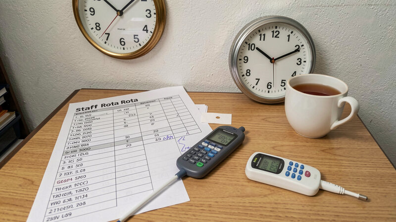 A staff rota sheet and a digital thermometer on a small office desk with a wall clock and a cup of tea nearby.
